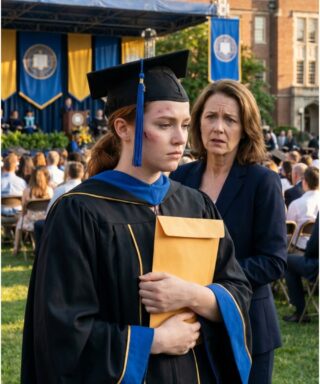 At my graduation, my father suddenly announced he was cutting me out. “You’re not even my real daughter,” he said. The room fell silent. I walked to the podium, smiled, and said, “Since we’re revealing DNA secrets…” Then I opened the envelope — and his wife turned pale.